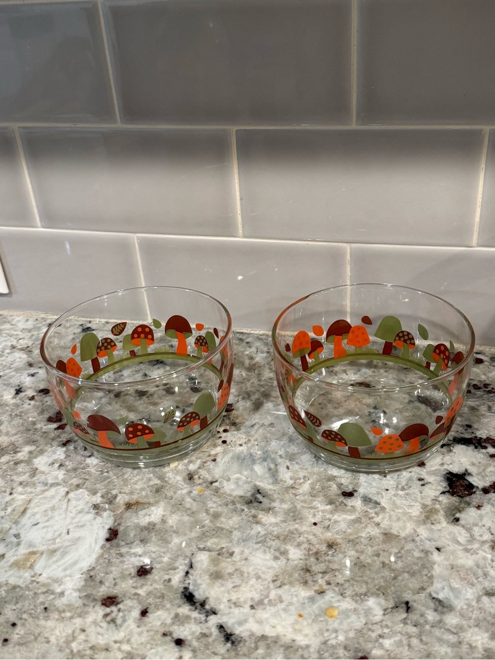 Vintage Style‎ Mushroom Glass Bowls Set of 2 Retro Toadstool Print Clear Glass